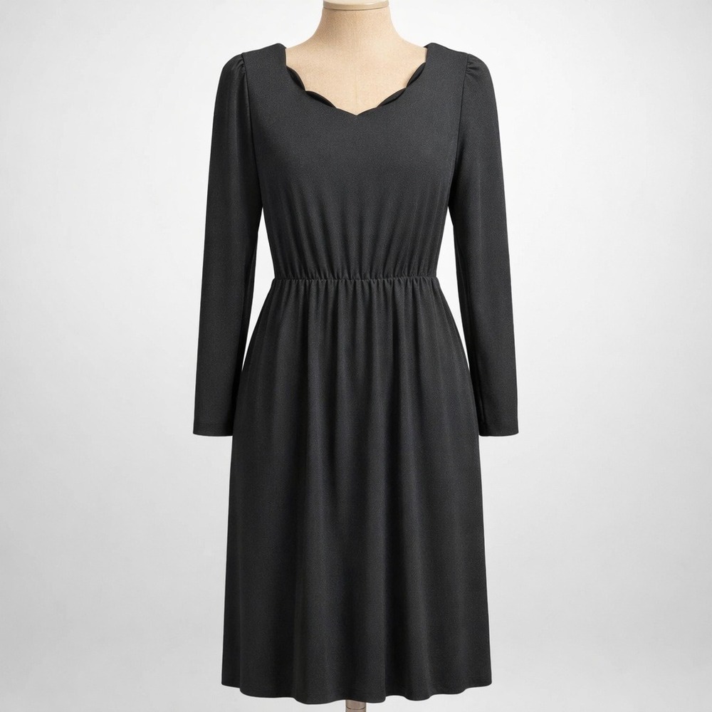 Vintage 80s Scalloped V Neck Midi Dress Sz S Black Long Sleeve Preppy Minimalist